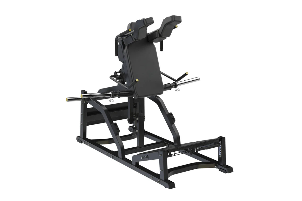 Black V-squat machine with padded backrest, adjustable shoulder pads, and metal frame on white background