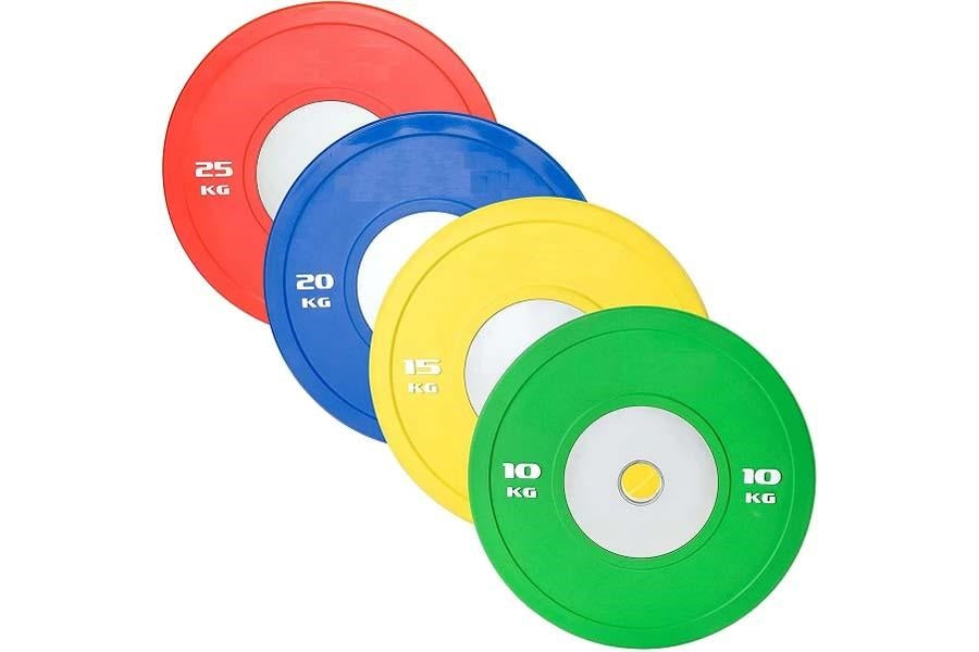 Colorful urethane bumper plates stacked diagonally: red 25kg, blue 20kg, yellow 15kg, and green 10kg with white centers, on w