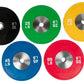 Set of five weight plates in black, green, yellow, blue, and red 