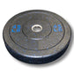 Warrior Hi-Temp 45 lb black bumper plate with blue speckle and chrome center collar, flat lay on white background
