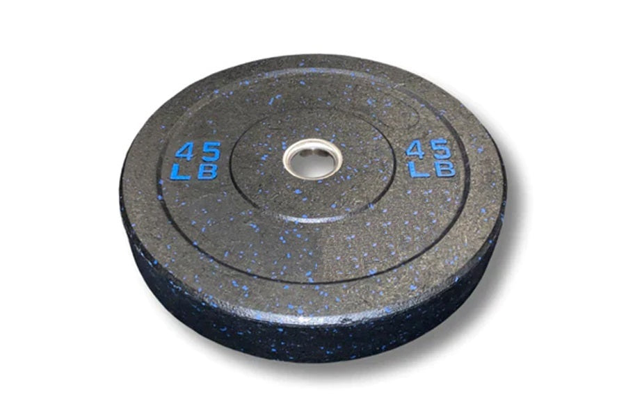 Dark gray rubber bumper plate with blue speckle pattern, 45 lb weight marking, and center chrome collar on white background