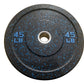 45 lb black bumper plate with blue speckle pattern and silver center ring, flat lay on white background