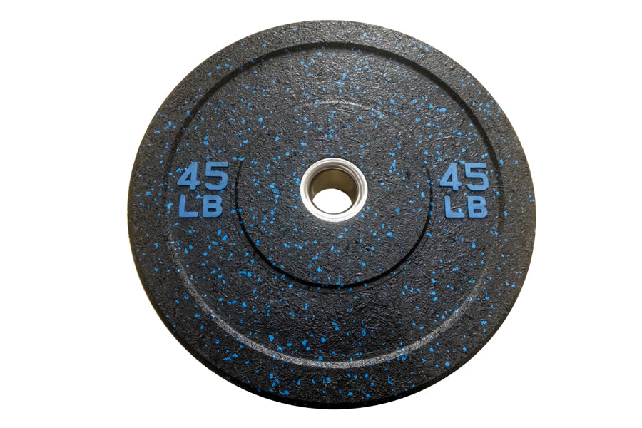 45 lb black bumper plate with blue speckle pattern and silver center ring, flat lay on white background