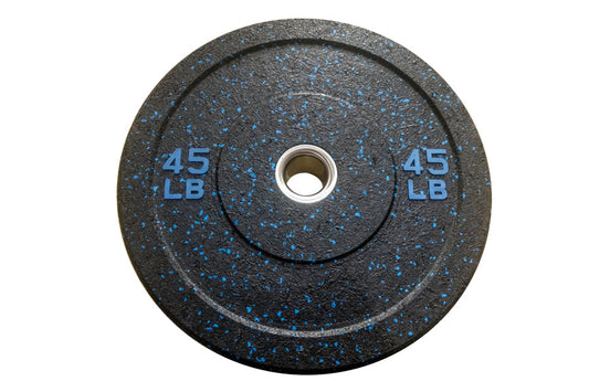 45 lb black bumper plate with blue speckle pattern and silver center ring, flat lay on white background