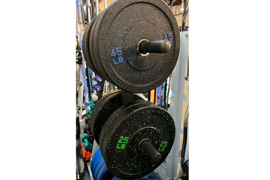 Pair of black speckled bumper weight plates stacked on bar, labeled 45 LB and 25 LB in blue and green text