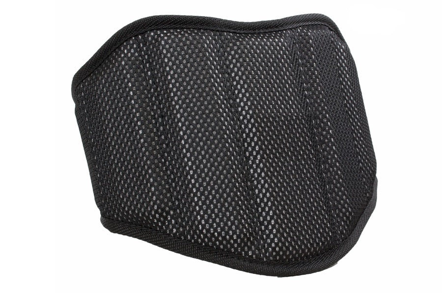 Black mesh weightlifting belt with padded back support on white background
