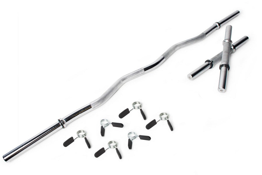 Warrior Standard 1" EZ-Curl Bar with grey knurled grip, curved steel bar, straight clamp collars, and six black rubber-grip c