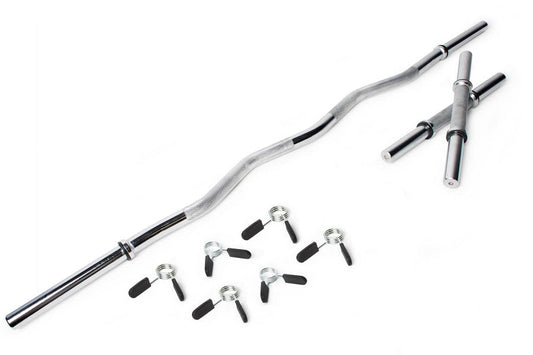 Warrior Standard 1" EZ-Curl Bar with grey knurled grip, curved steel bar, straight clamp collars, and six black rubber-grip c