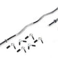 Warrior Standard 1 weightlifting bar with straight ends, gray knurled grip and black sleeves, shown with six collars in flat 