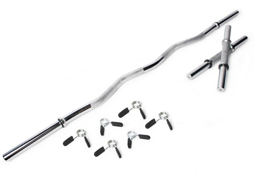 Warrior Standard 1 weightlifting bar with straight ends, gray knurled grip and black sleeves, shown with six collars in flat 
