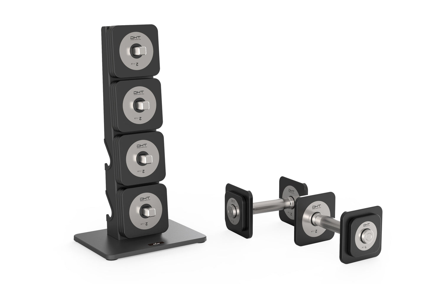 Warrior D22.5 adjustable dumbbells set with stacked weight plates on stand and pair of connected dumbbells on white backgroun