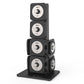 Black and silver Warrior D22.5 adjustable dumbbell set stacked on base stand, flat lay on white background