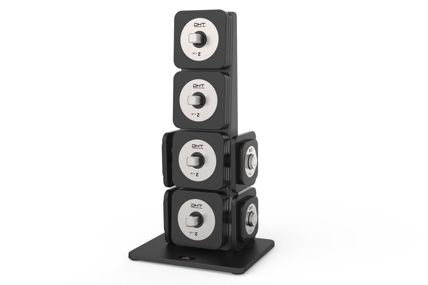Black and silver Warrior D22.5 adjustable dumbbell set stacked on base stand, flat lay on white background