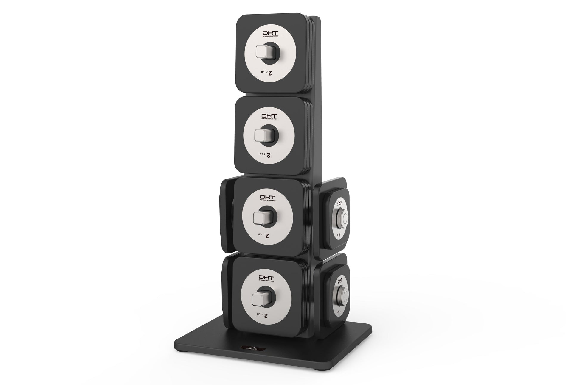 Black and silver Warrior D22.5 adjustable dumbbell set stacked on base stand, flat lay on white background