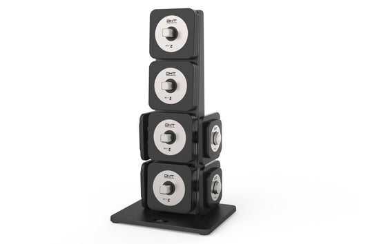 Black and silver Warrior D22.5 adjustable dumbbell set stacked on base stand, flat lay on white background