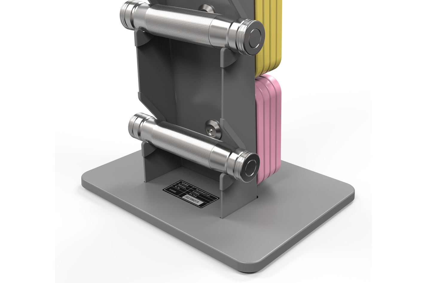 Warrior D22.5 adjustable dumbbells with yellow and pink weight plates, chrome handles, and gray base stand