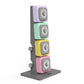 Warrior D22.5 adjustable dumbbell set with gray tower base and four interchangeable colored weights in lavender, mint green, 