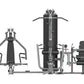 Multi-station home gym with gray steel frame, black padding, chest press, leg press, and cable machine stations on white back
