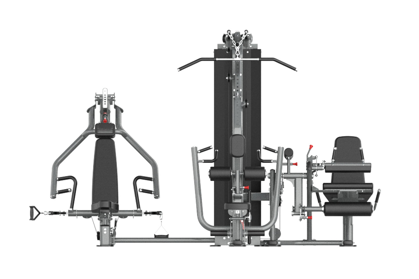 Multi-station home gym with gray steel frame, black padding, chest press, leg press, and cable machine stations on white back