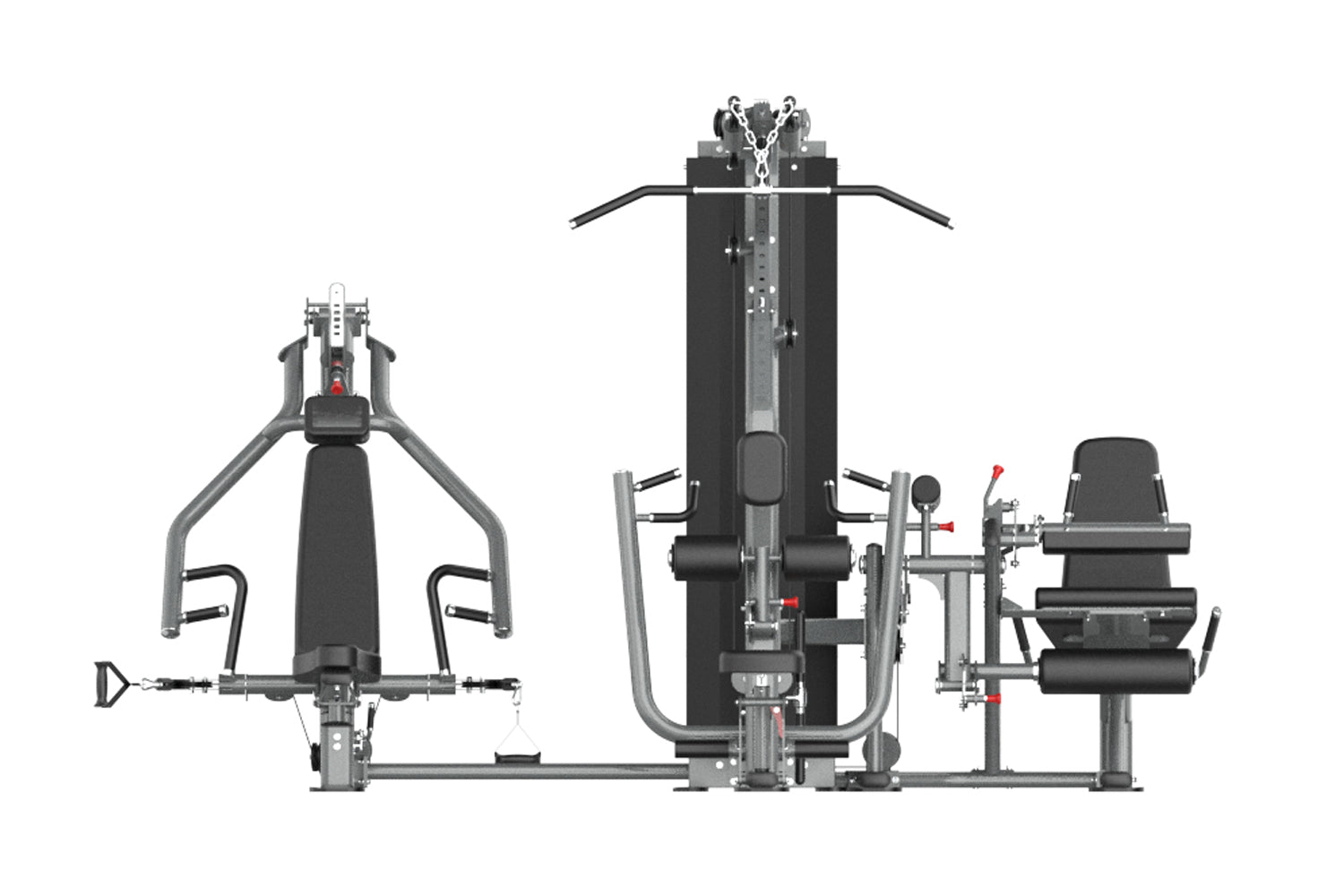 Multi-station home gym with gray steel frame, black padding, chest press, leg press, and cable machine stations on white back