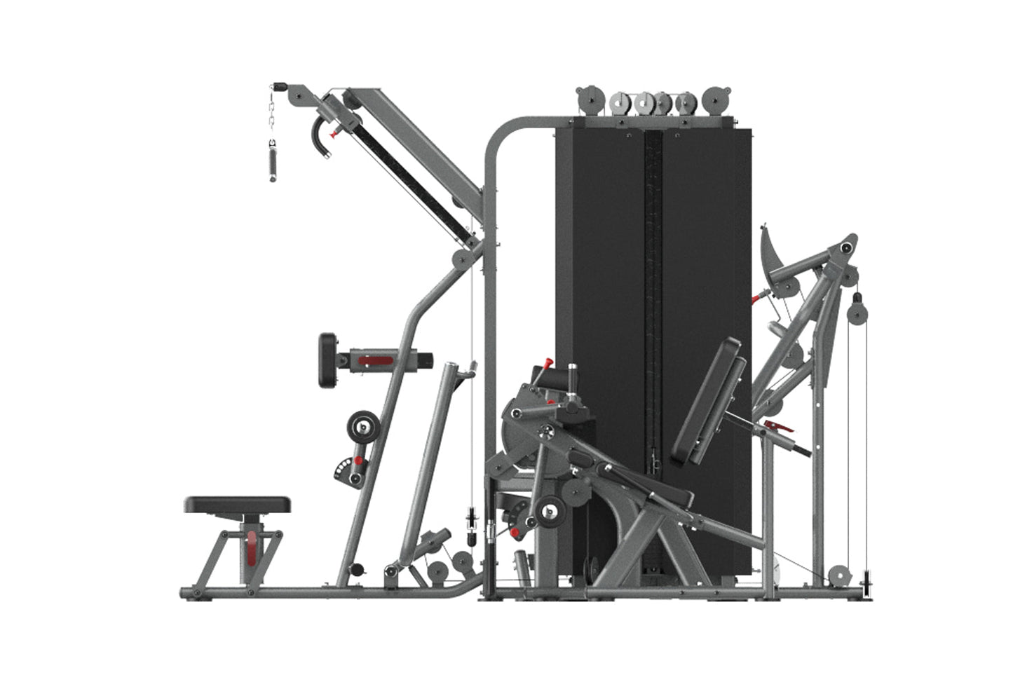 Gray and black commercial multi-station weight gym with stacked plates, cable arms, leg press, and adjustable seat on white b