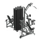 Black and gray multi-station gym equipment with weight stack, leg press, chest press, and cable machine stations on white bac