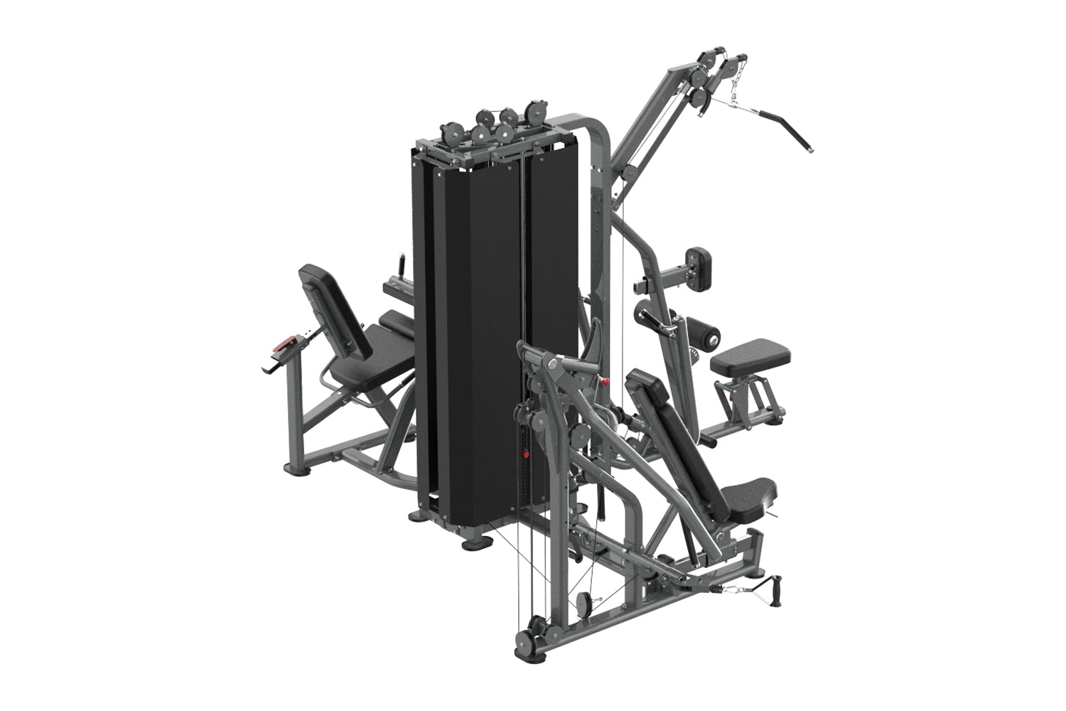 Black and gray multi-station gym equipment with weight stack, leg press, chest press, and cable machine stations on white bac