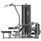 Gray and black multi-station gym equipment with cable machines, leg press, and padded bench on white background