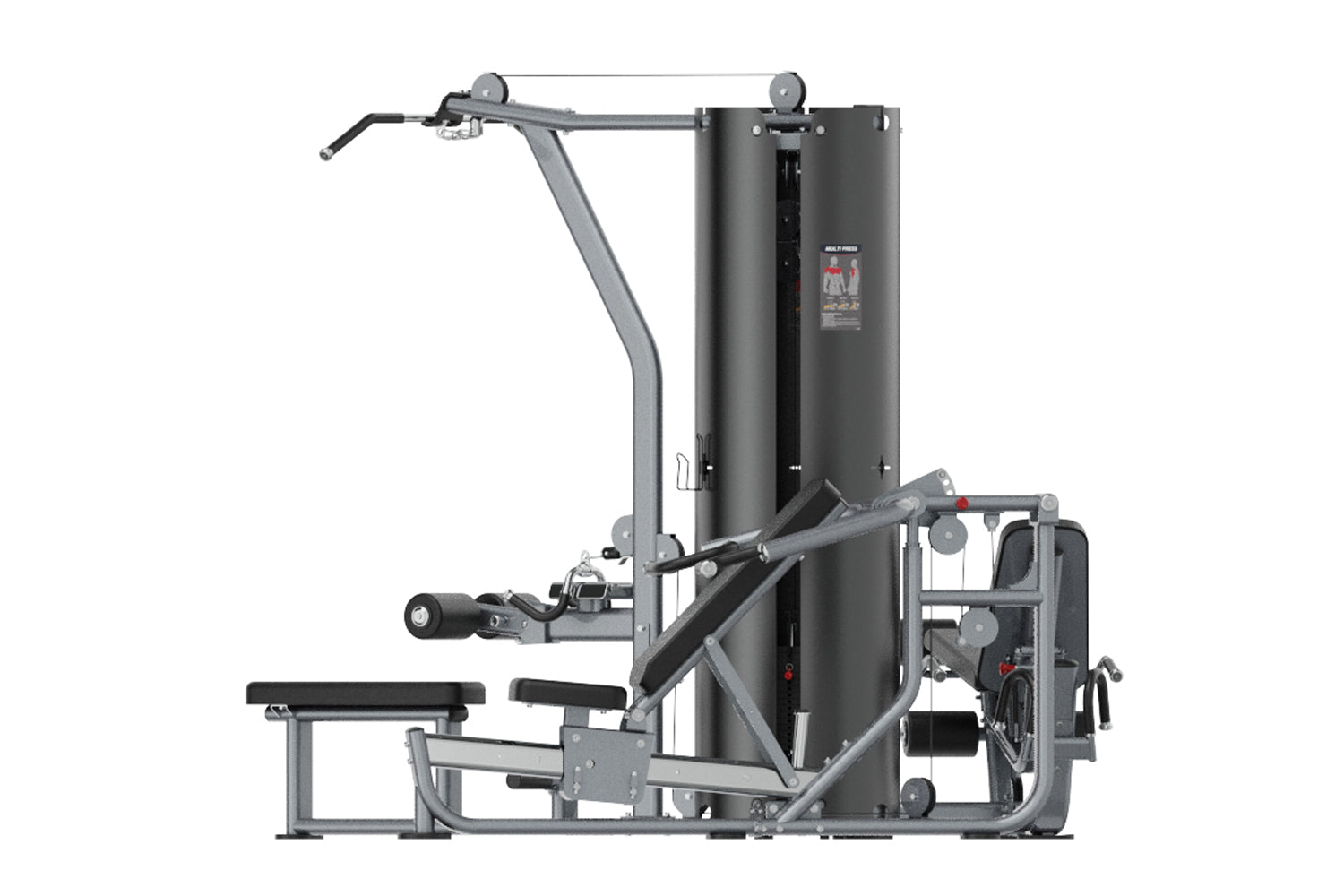 Gray and black multi-station gym equipment with cable machines, leg press, and padded bench on white background
