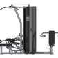 Black and gray multi-station gym equipment with lat pulldown, leg press, and chest press stations on white background
