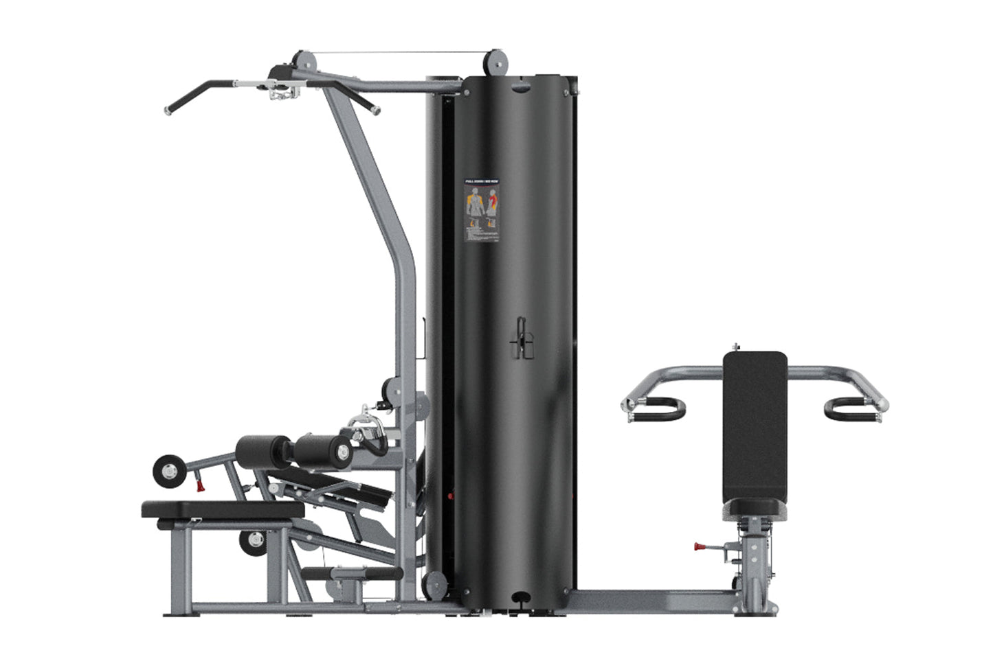 Black and gray multi-station gym equipment with lat pulldown, leg press, and chest press stations on white background