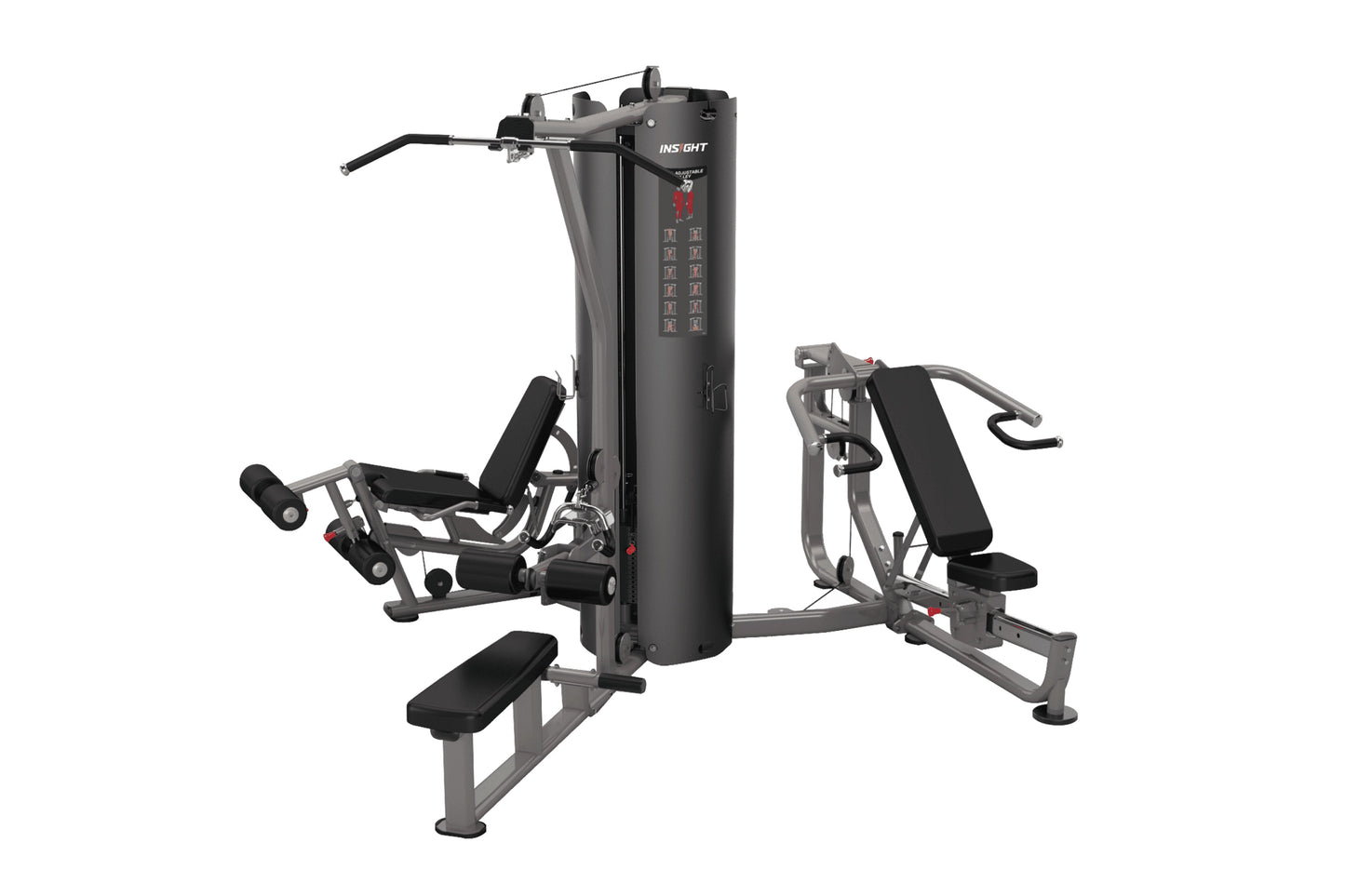 Warrior Deluxe Commercial Series multi-station gym with gray frame, black padding, and multiple exercise stations on white ba