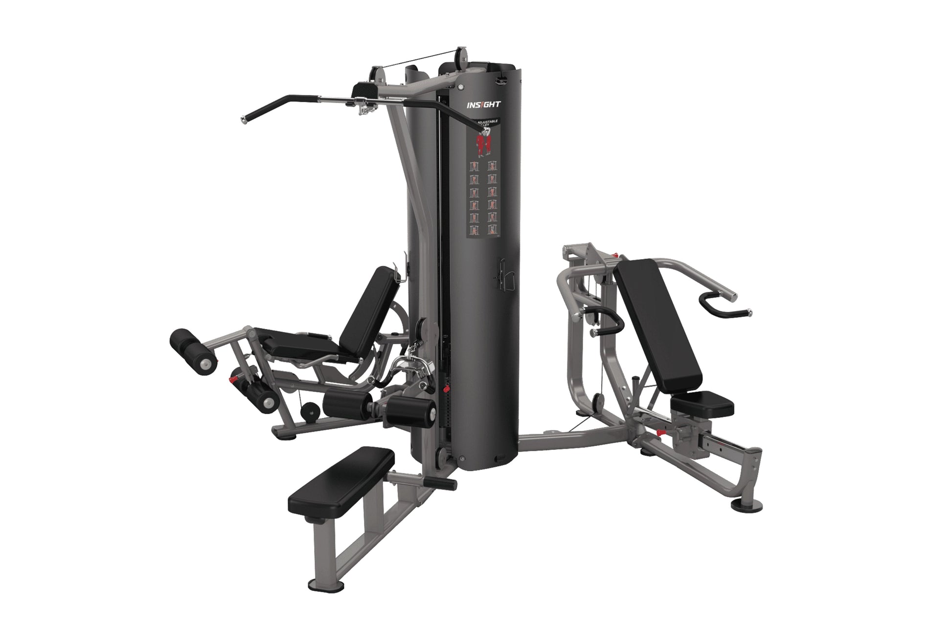 Warrior Deluxe Commercial Series multi-station gym with gray frame, black padding, and multiple exercise stations on white ba