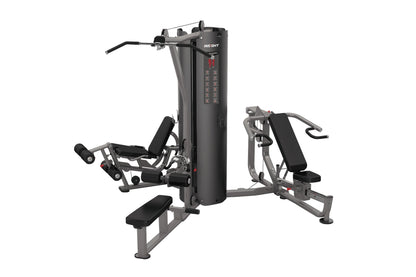 Warrior Deluxe Commercial Series multi-station gym with gray frame, black padding, and multiple exercise stations on white ba