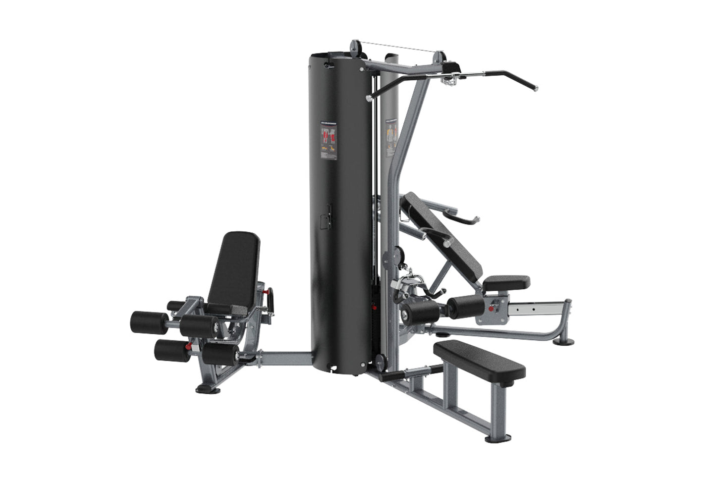 Black and gray multi-station gym with leg press, chest press, and lat pulldown stations on white background