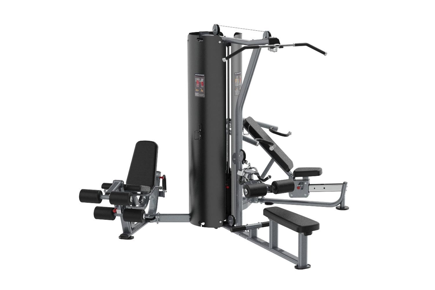 Black and gray multi-station gym with leg press, chest press, and lat pulldown stations on white background