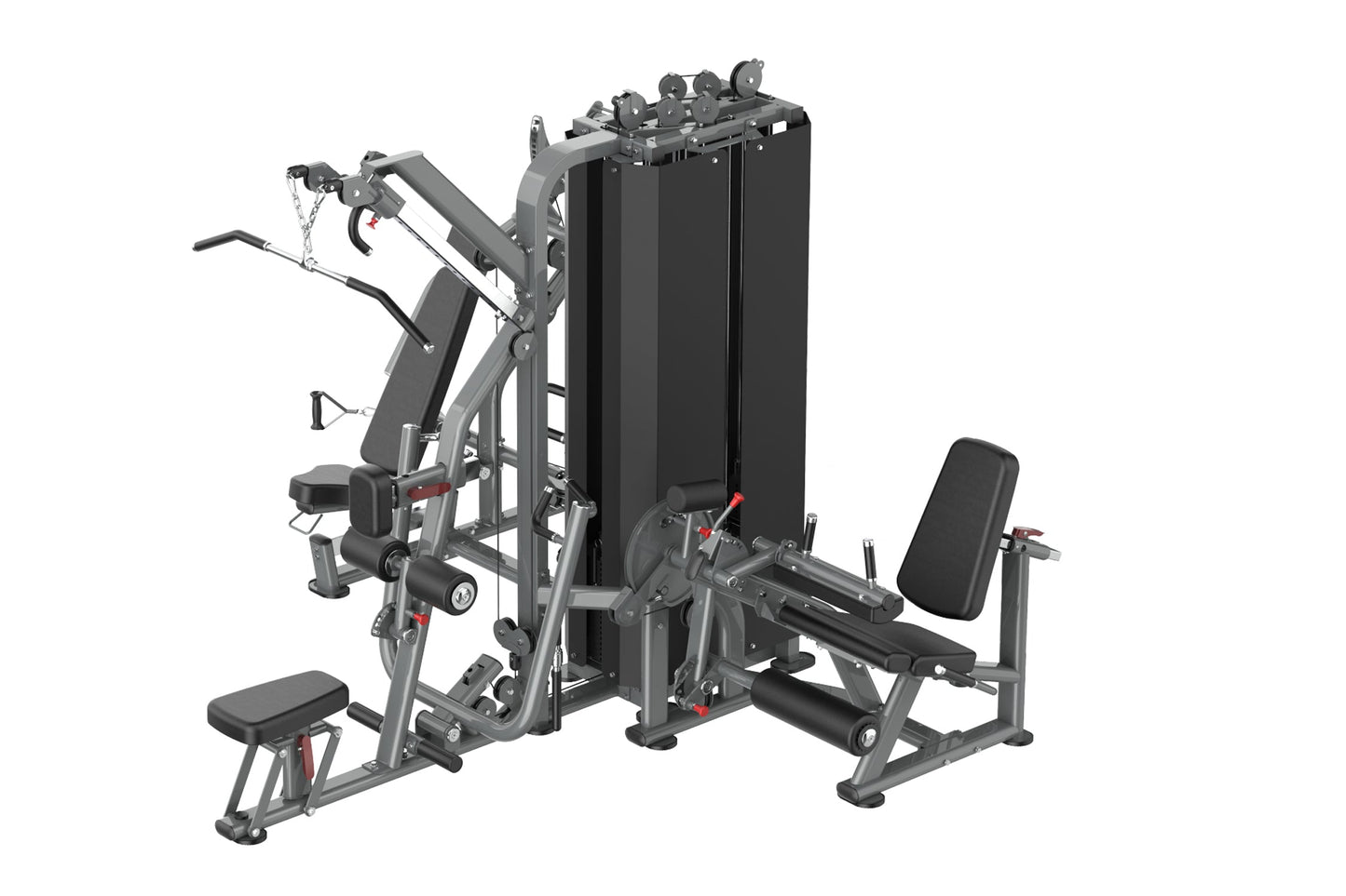 Warrior Deluxe Commercial Series multi-station gym equipment with gray frame, black upholstered seats and back pads, featurin