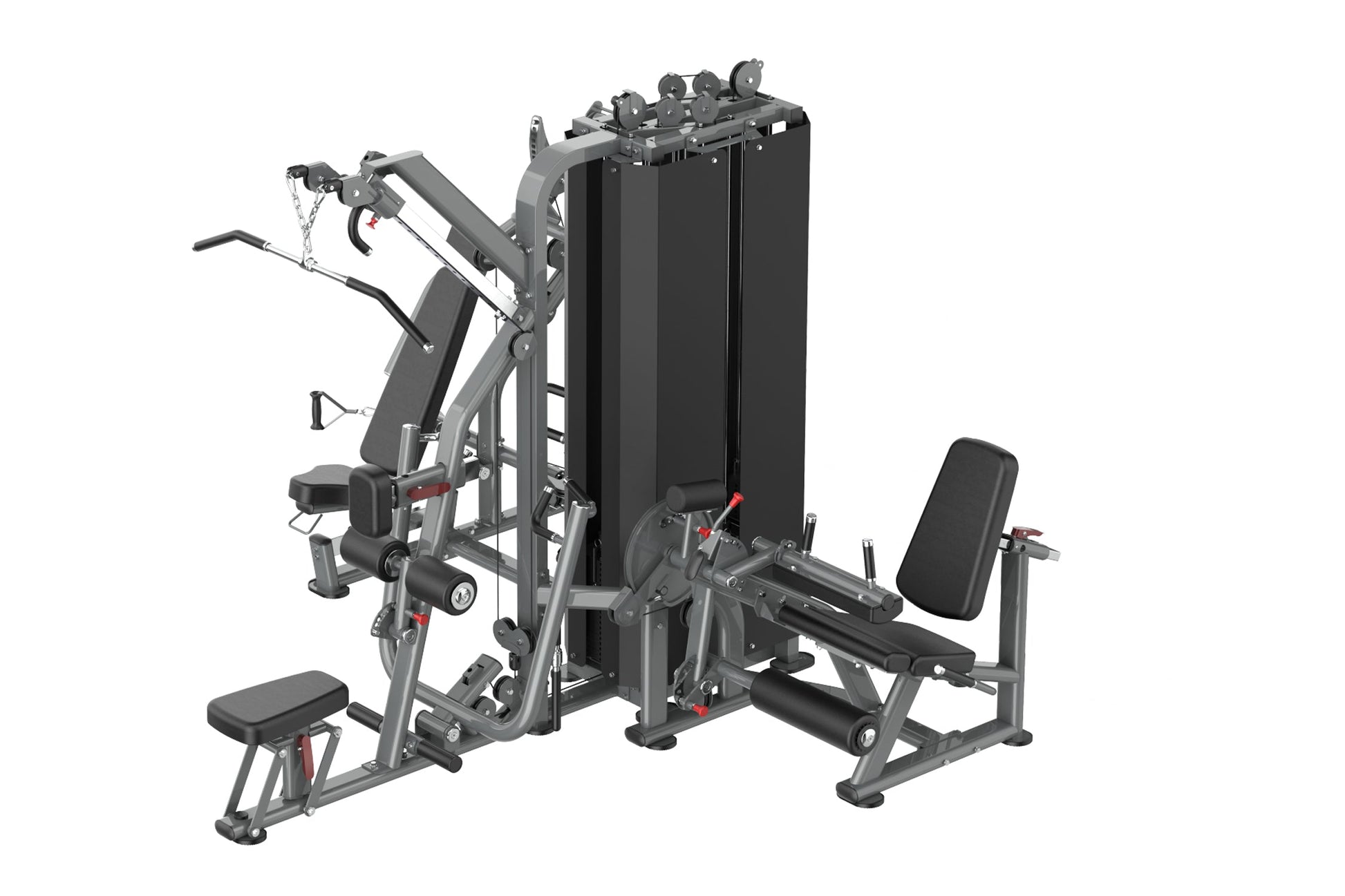 Warrior Deluxe Commercial Series multi-station gym equipment with gray frame, black upholstered seats and back pads, featurin