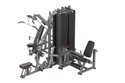 Warrior Deluxe Commercial Series multi-station gym equipment with gray frame, black upholstered seats and back pads, featurin