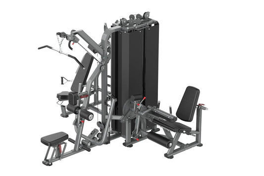 Warrior Deluxe Commercial Series multi-station gym equipment with gray frame, black upholstered seats and back pads, featurin