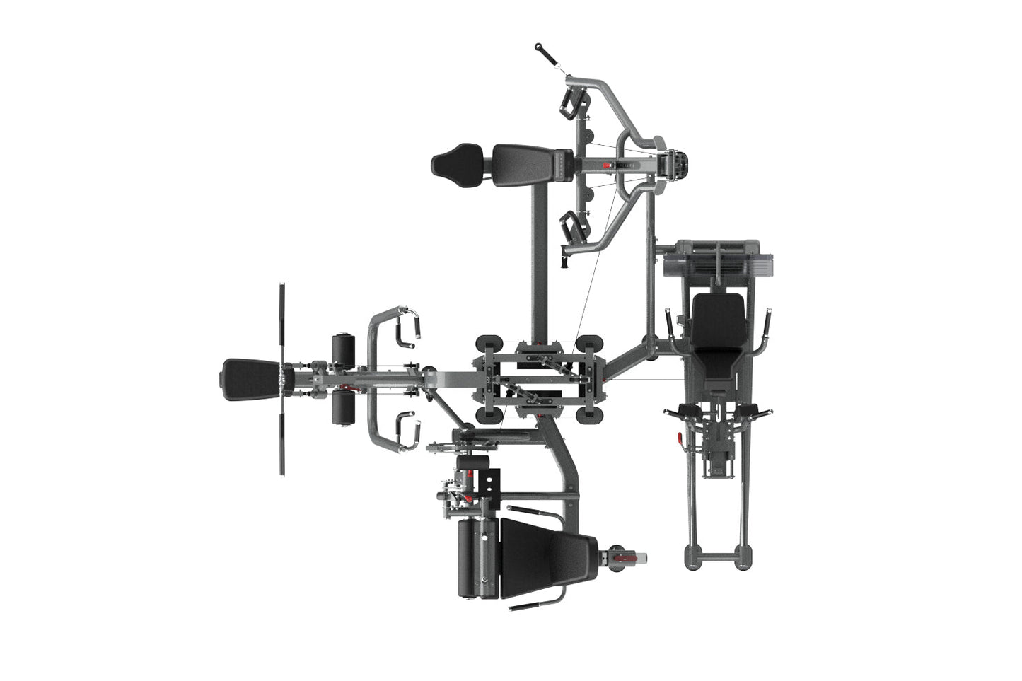 Multi-station home gym equipment with gray metal frame, dual weight stacks, foot pedals, chest press attachment, and leg exte