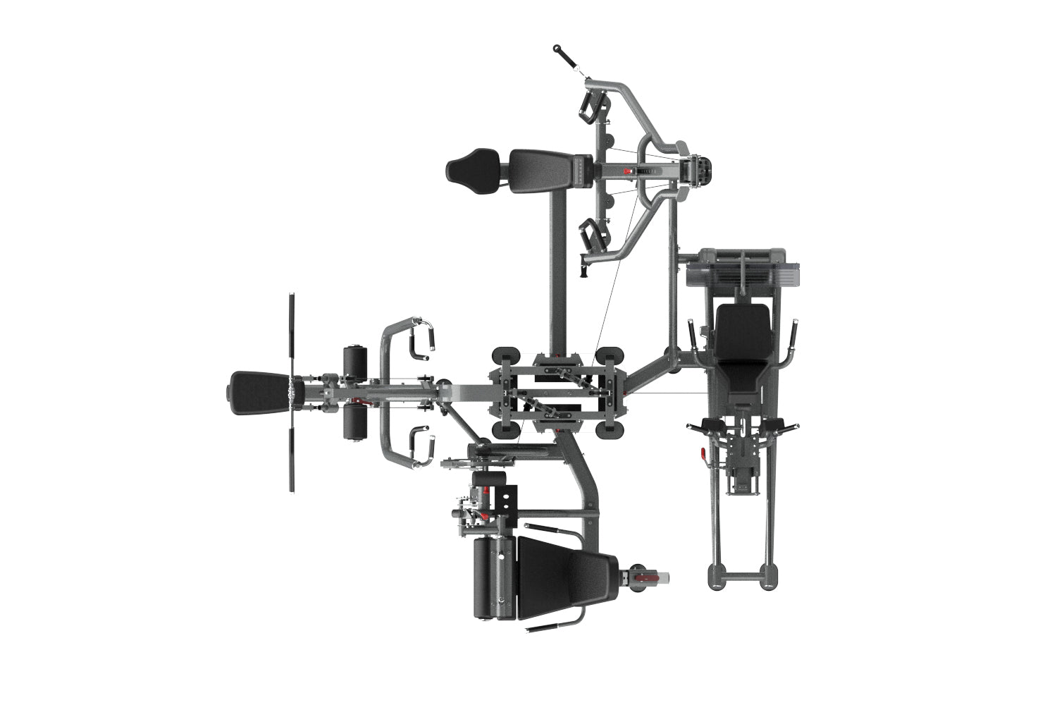 Multi-station home gym equipment with gray metal frame, dual weight stacks, foot pedals, chest press attachment, and leg exte
