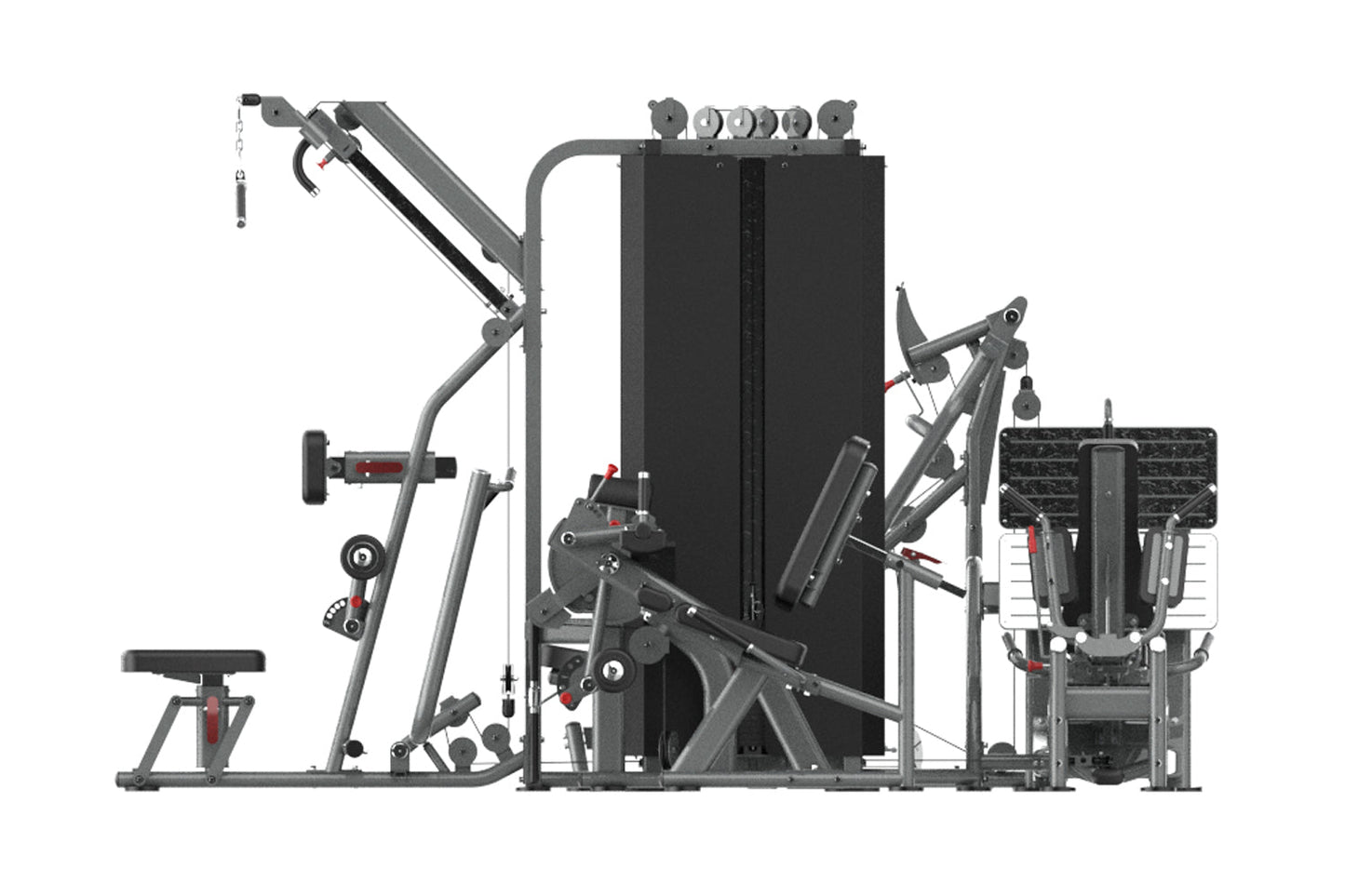 Warrior Deluxe Commercial Series multi-station gym equipment with gray metal frame, black weight stack, and multiple exercise
