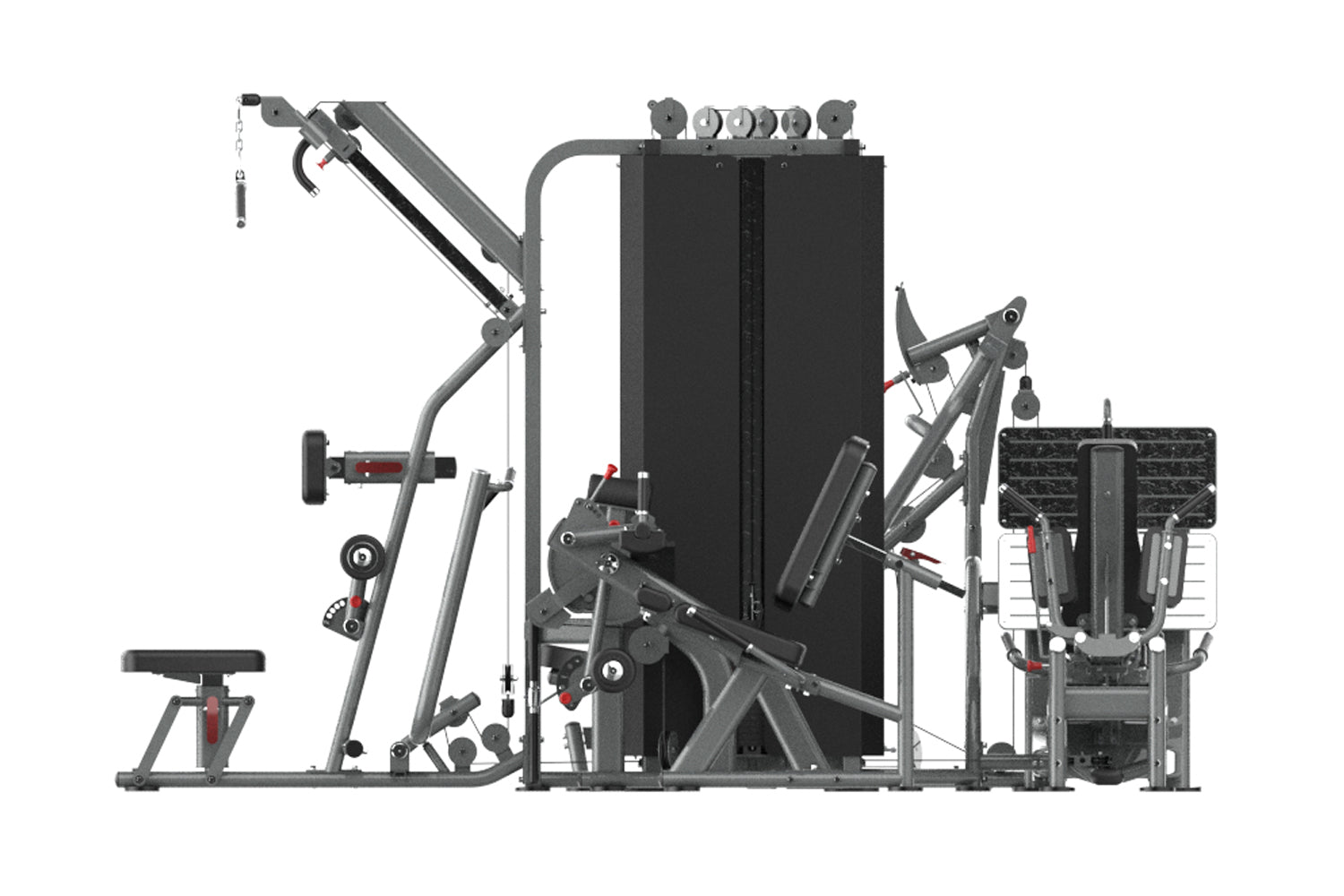 Warrior Deluxe Commercial Series multi-station gym equipment with gray metal frame, black weight stack, and multiple exercise