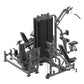 Black multi-station gym equipment with weight stack, leg press, chest press, and seated exercises on white background