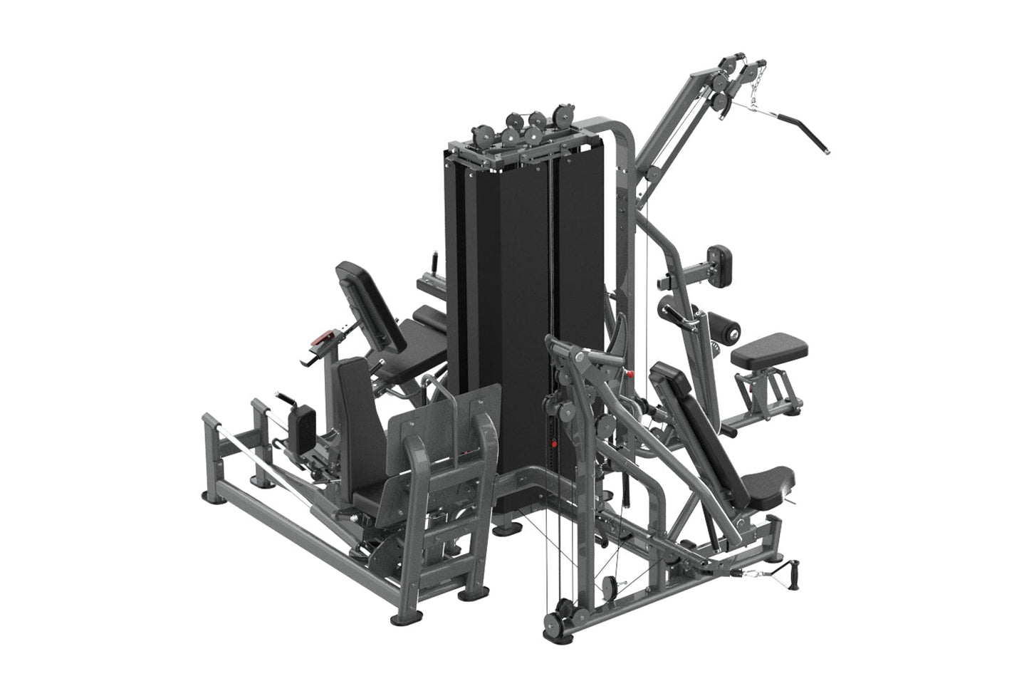 Black multi-station gym equipment with weight stack, leg press, chest press, and seated exercises on white background