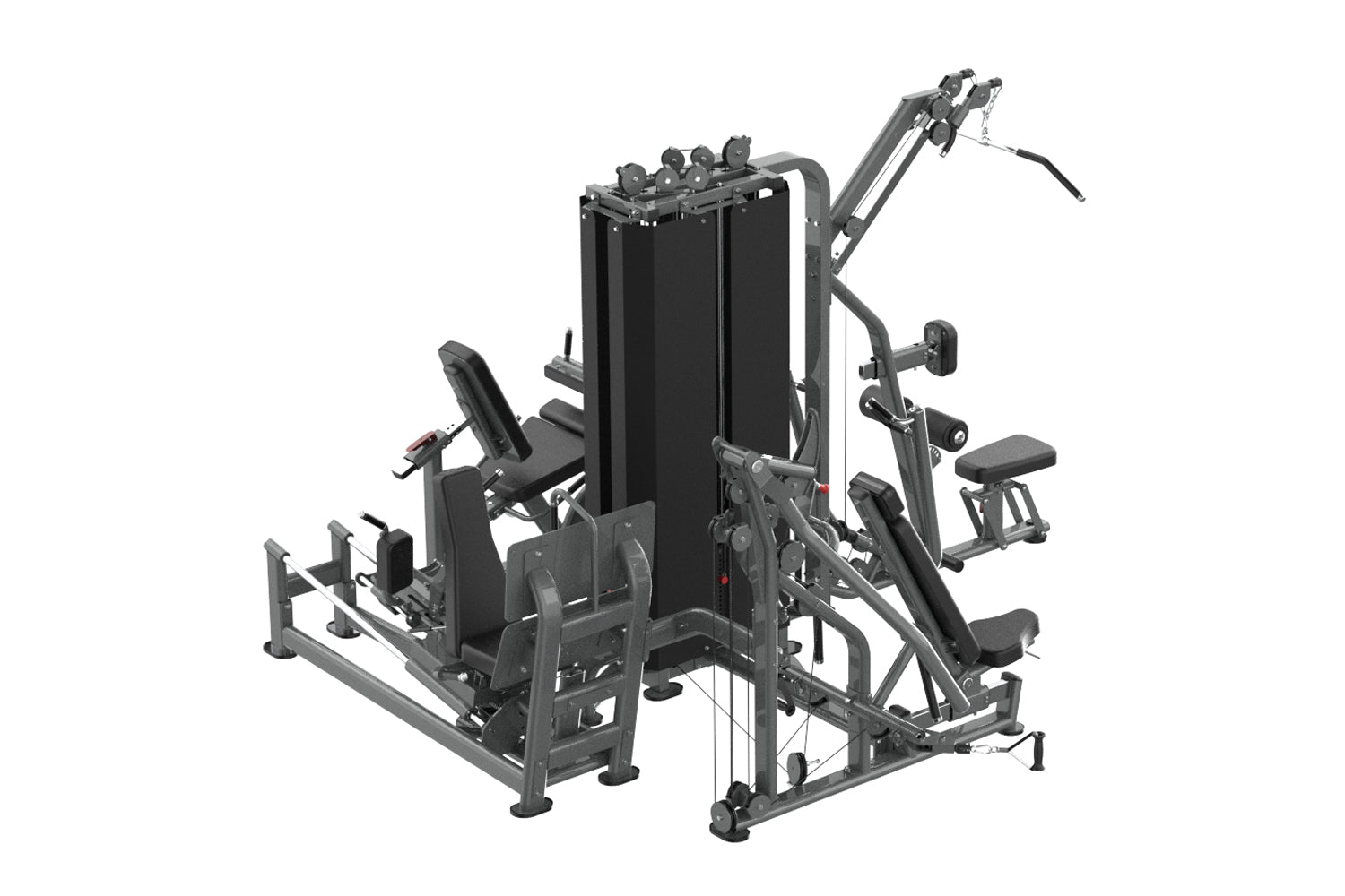 Black multi-station gym equipment with weight stack, leg press, chest press, and seated exercises on white background