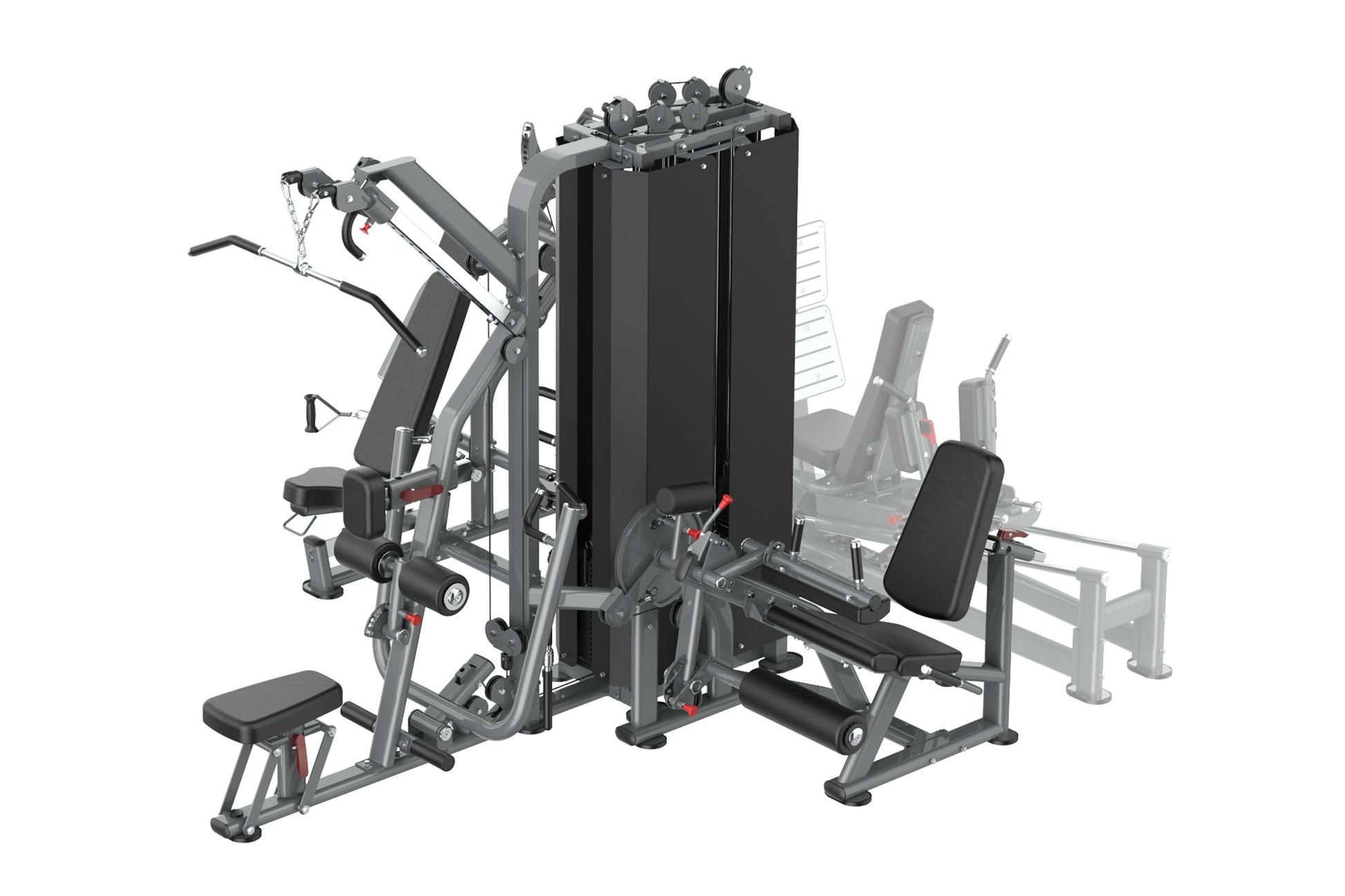 Warrior Deluxe Commercial Series multi-station gym equipment with gray frame, black padding, and multiple exercise stations o