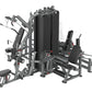 Multi-station gym equipment with gray metal frame and black padding, featuring weight stack, leg press, cable machine, and mu