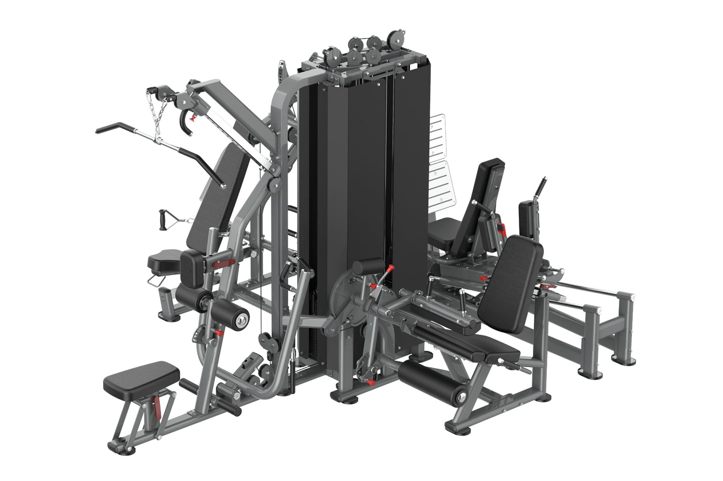 Multi-station gym equipment with gray metal frame and black padding, featuring weight stack, leg press, cable machine, and mu